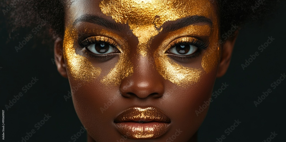 A beautiful Black woman with golden paint on her face. A beautiful Black woman with golden paint on her face.