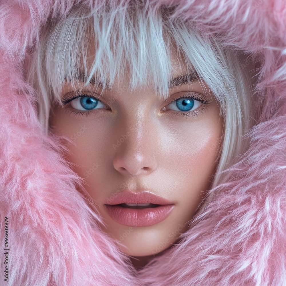 Fashion model wearing a pink fur coat, with white hair and blue eyes. Fashion model wearing a pink fur coat, with white hair and blue eyes.