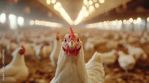 Close-up photo of white chickens in an extremely large chicken coop, filled with thousands of hens eating from the ground photo