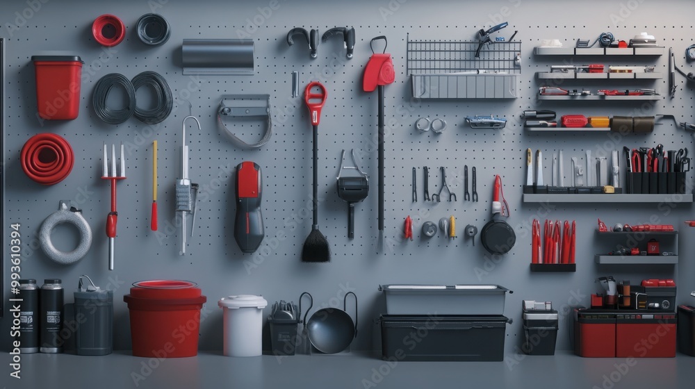 various garage accessories such as hooks, bins, and organizers, neatly arranged on a wall various garage accessories such as hooks, bins, and organizers, neatly arranged on a wall