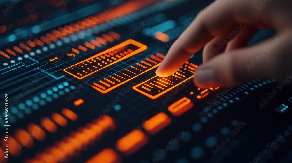 Obraz premium A hand interacting with a visually striking digital interface featuring bright orange and blue elements, showcasing technology.