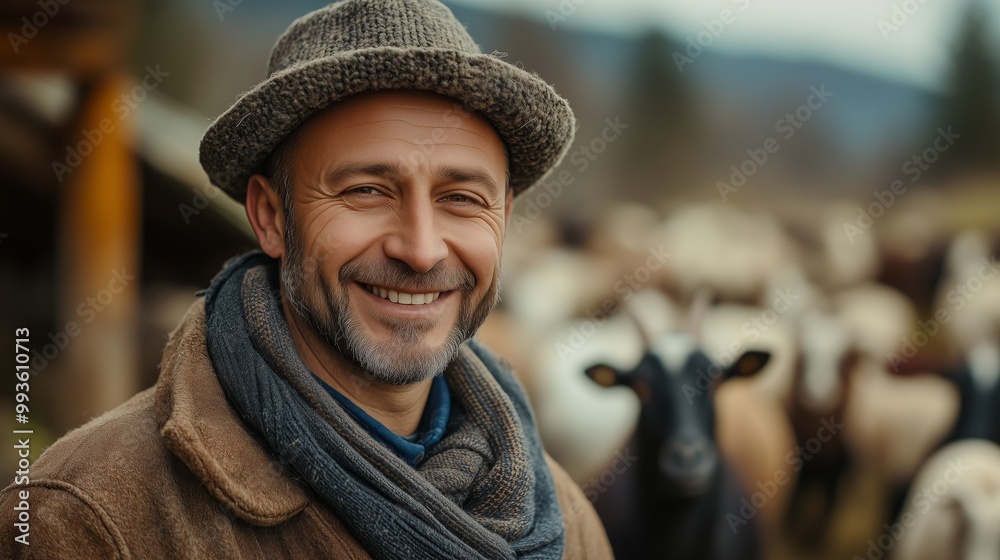 Portrait of a smiling farmer in a farm with a goat herd Portrait of a smiling farmer in a farm with a goat herd