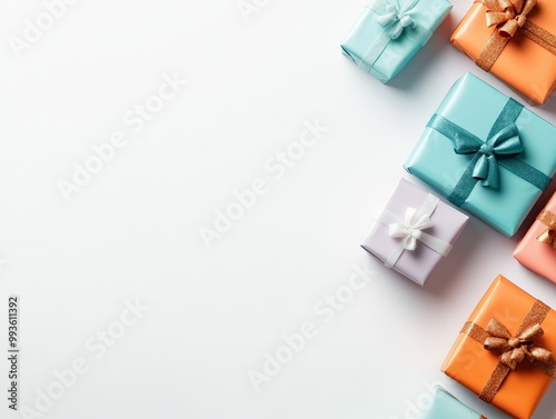 Festive Flat Lay Arrangement of Beautifully Wrapped Gift Boxes in Vibrant Colors