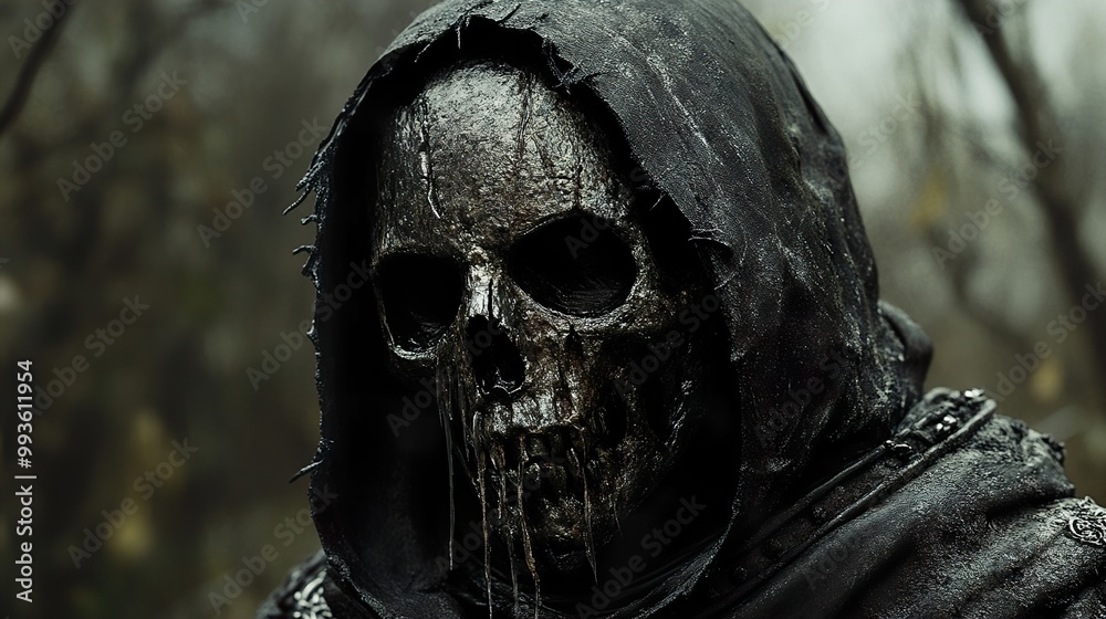 Dark Hooded Figure with Skull Mask: A Haunting Portrait Dark Hooded Figure with Skull Mask: A Haunting Portrait