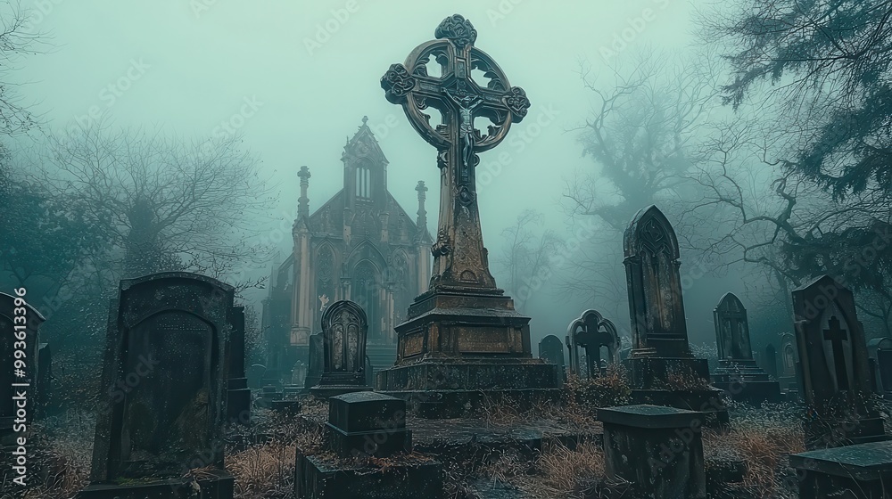 Foggy Cemetery with Celtic Cross and Abandoned Church Foggy Cemetery with Celtic Cross and Abandoned Church