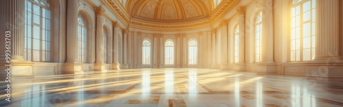 Spacious marble hall with towering columns, arched ceilings, and streaming sunlight