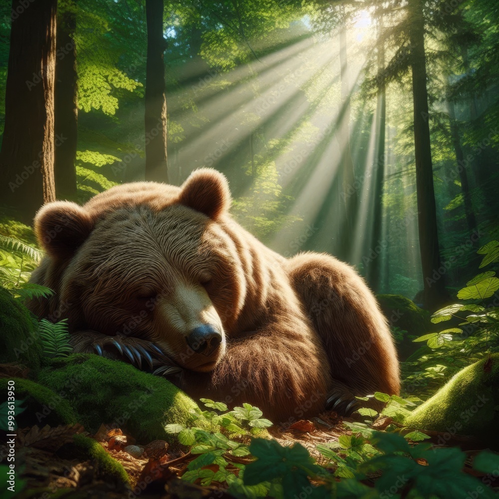 A large brown bear peacefully sleeping in a forest clearing, bathed in ...