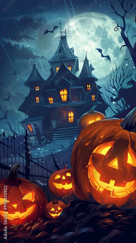 Free vector halloween background with pumpkins and haunted house, Happy Halloween