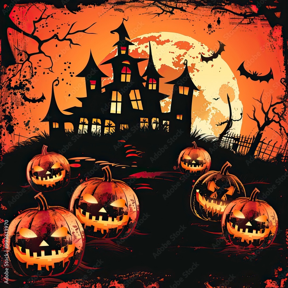 Free vector halloween background with pumpkins and haunted house, Happy Halloween