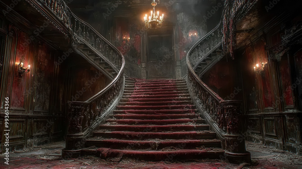 Obraz premium Abandoned Mansion with Grand Staircase and Chandelier