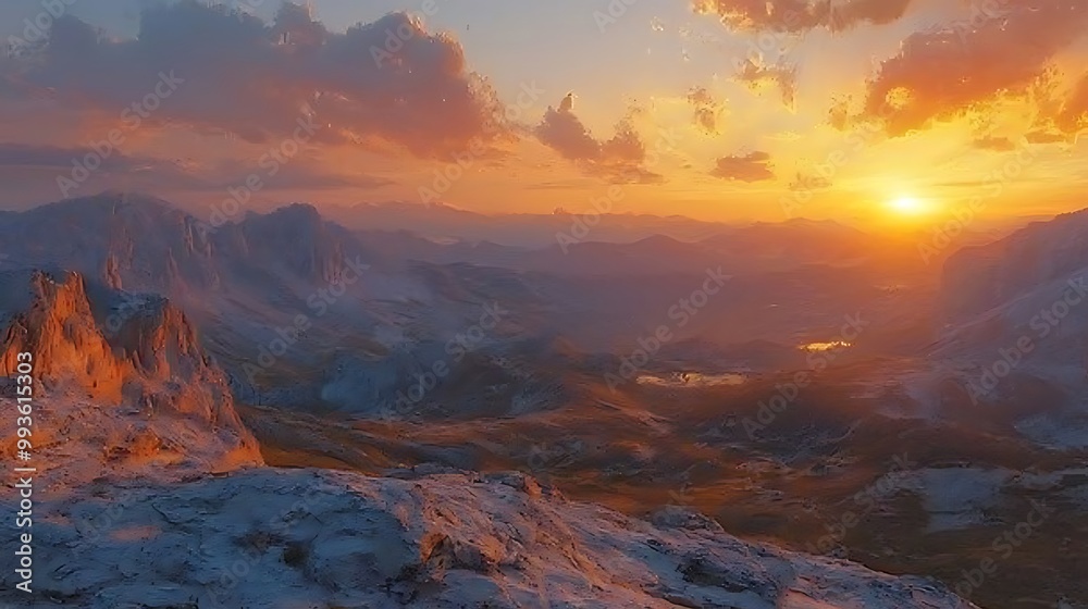 Naklejka premium A majestic mountain sunset fills the sky with dramatic clouds and golden light.