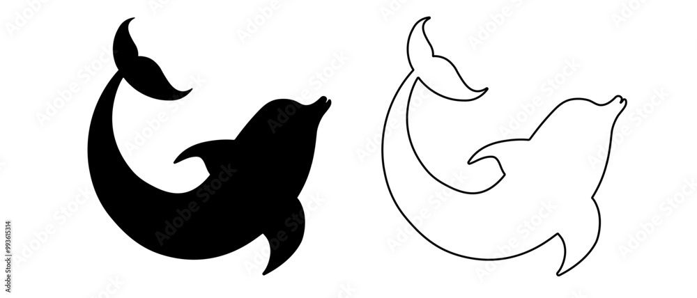 Two dolphin symbols. Abstract black and white dolphin silhouettes for tattoo. Emblem of fish. Two dolphin symbols. Abstract black and white dolphin silhouettes for tattoo. Emblem of fish.