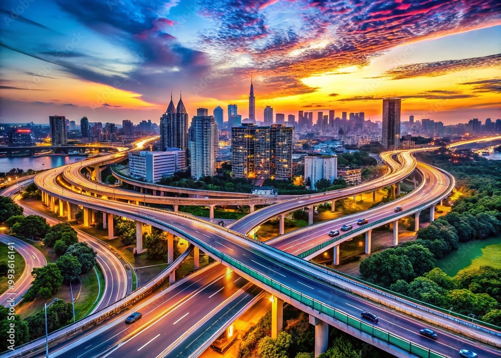 Obraz premium Urban Landscape Showcasing Connectivity Through Roads, Bridges, and Modern Transportation Systems