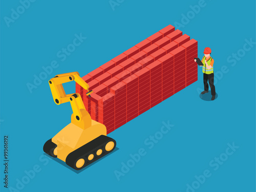 Robotic Arm Assisting Construction Worker with Bricklaying on a Construction Site 3d isometric vector illustration