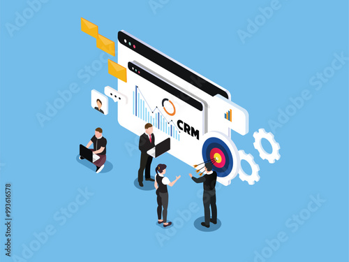 Business Concept of CRM System with Data Analysis and Target Marketing 3d isometric vector illustration
