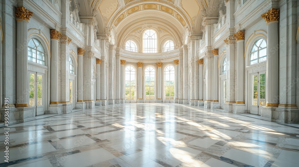 Fototapeta premium Spacious marble hall with towering columns, arched ceilings, and streaming sunlight