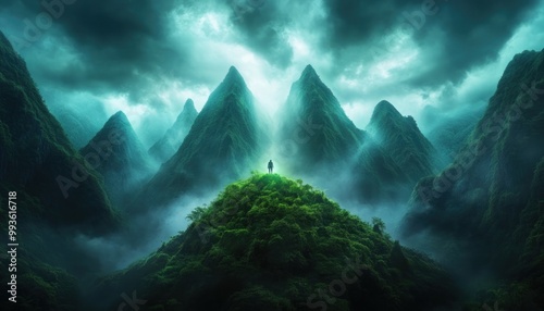A lone traveler stands atop a misty mountain peak, a mystical cave glowing with ancient runes and ethereal light beckoning them deeper into the unknown