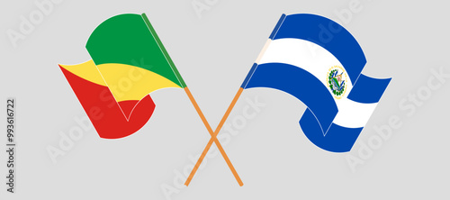Crossed and waving flags of Republic of the Congo and Republic of El Salvador. Vector illustration