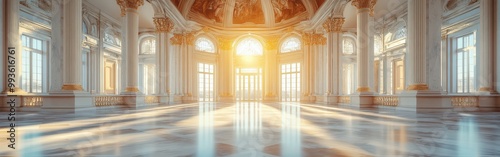 Spacious marble hall with towering columns, arched ceilings, and streaming sunlight