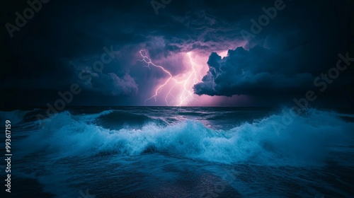 A violent lightning storm over a dark ocean, bolts of lightning illuminating the crashing waves, storm clouds swirling ominously in the night sky