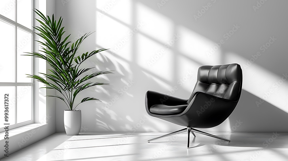 Fototapeta premium A sleek black leather armchair anchors a minimalist interior, softened by natural light.