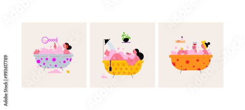 Set of happy woman taking a bath. Vector illustration.