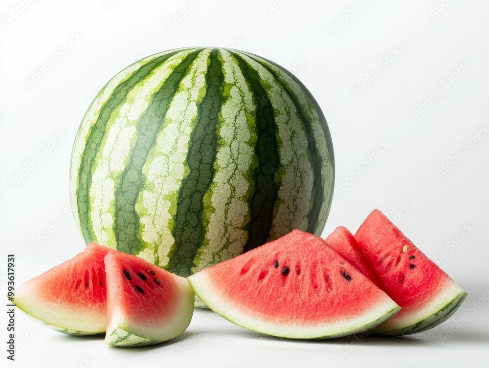 Whole Watermelon with Slices Arranged Beside on White Background Whole Watermelon with Slices Arranged Beside on White Background