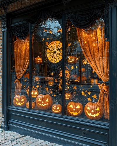 Cozy Halloween Window Display with Pumpkins and Lights