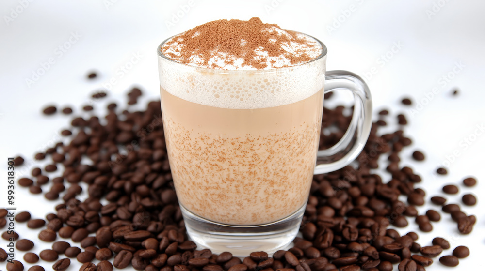 This unique coffee drink features a creamy layer topped with cocoa, presenting an inviting blend of textures and flavors amidst scattered coffee beans, perfect for indulgence. Generative AI This unique coffee drink features a creamy layer topped with cocoa, presenting an inviting blend of textures and flavors amidst scattered coffee beans, perfect for indulgence. Generative AI