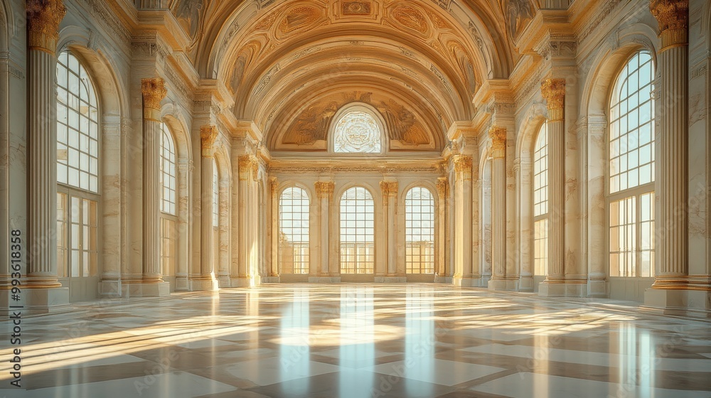 Spacious marble hall with towering columns, arched ceilings, and streaming sunlight Spacious marble hall with towering columns, arched ceilings, and streaming sunlight