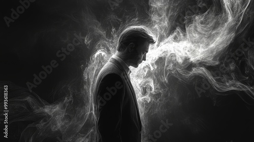 Abstract scene of a businessman lost in thought, with mental processes represented as swirling smoke. Smoky tendrils stretch out into the black void photo