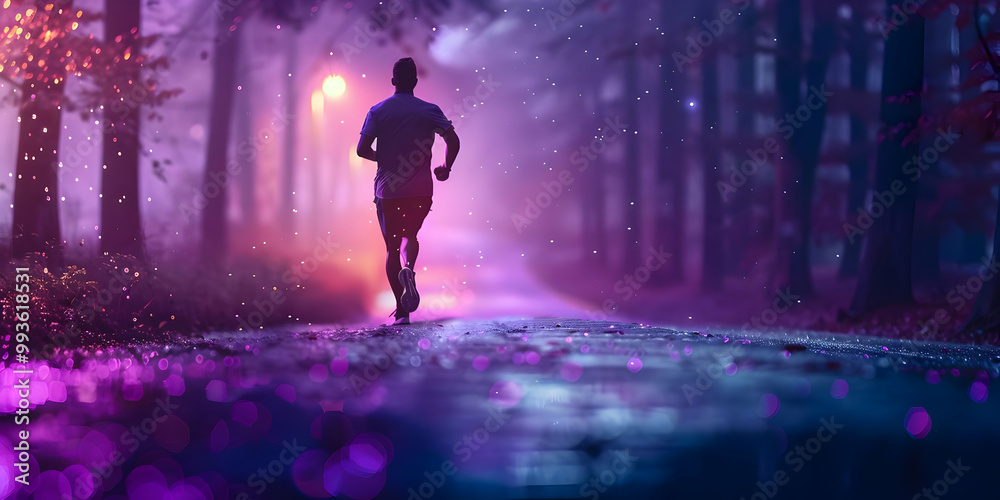 Runner Silhouette Races Through Enchanting Purple Forest with Copy Space Runner Silhouette Races Through Enchanting Purple Forest with Copy Space