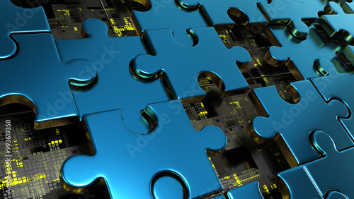 Puzzle blue jigsaw technological. sci fi hud User Interface abstract intro for title logo 3D render blue metal background type 2