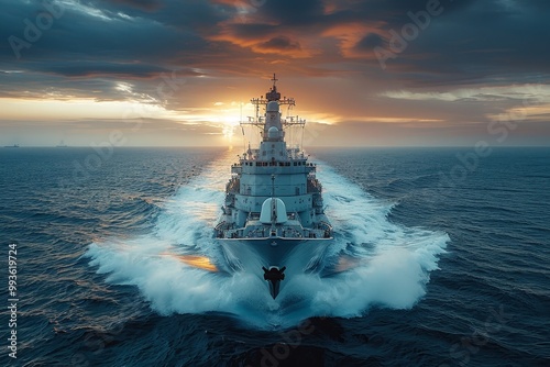 Naval warship sailing under clear blue skies  a powerful missile cruiser on patrol duty photo