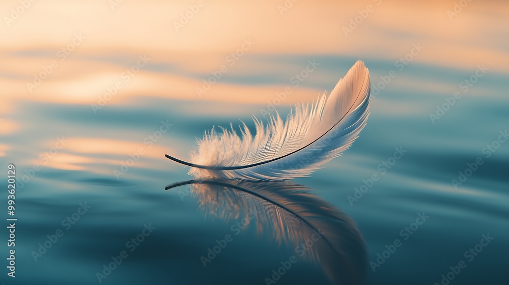 Single white feather floating on calm blue water with sunset reflection. Single white feather floating on calm blue water with sunset reflection.