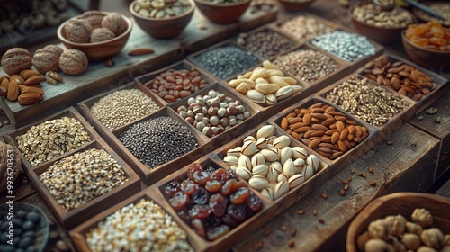 Variety of Nuts and Seeds in Wooden Bowls