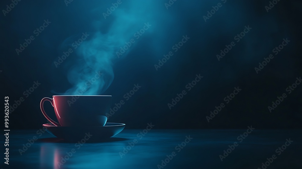 A steaming cup of coffee in a dark and moody setting. A steaming cup of coffee in a dark and moody setting.