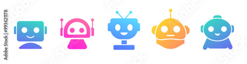 Sets of colorful robot smiling face icon with gradient. Futuristic cute help bots in modern style.