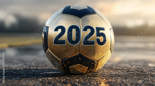 2025 Gold Football on Wet Field with Sunset Background