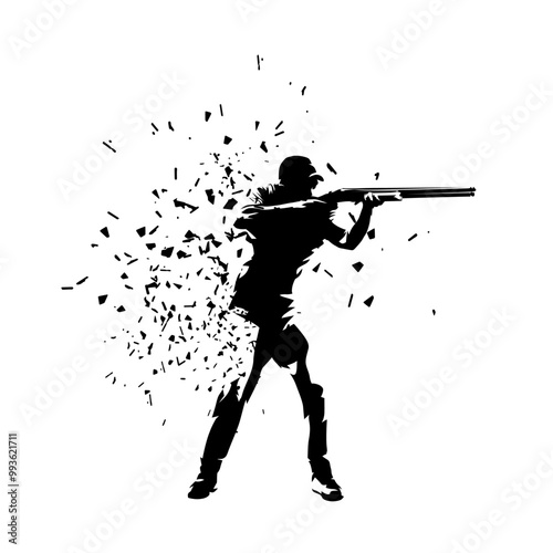 Trap shooting, aiming athlete with gun, isolated vector silhouette. Ink drawing