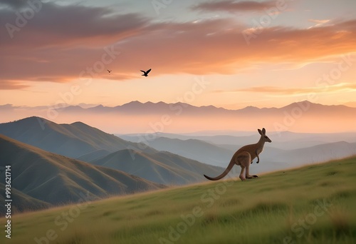 A kangaroo silhouette in a vibrant sunset landscape with mountains, clouds, and a flying bird