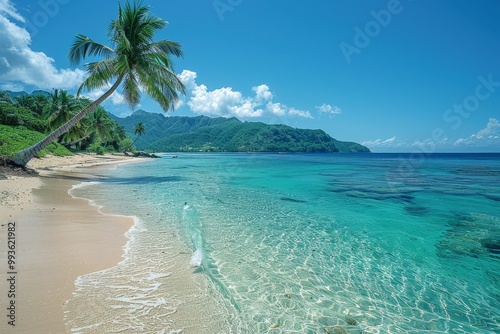 Tranquil tropical beach in titikaveka, rarotonga  leaning palm tree, clear waters, and white sand