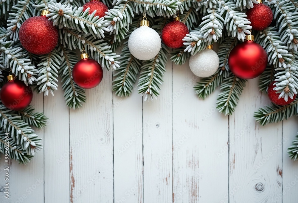 Decorated with red and white ornaments and a snowy pine backdrop for an elegant holiday look Decorated with red and white ornaments and a snowy pine backdrop for an elegant holiday look