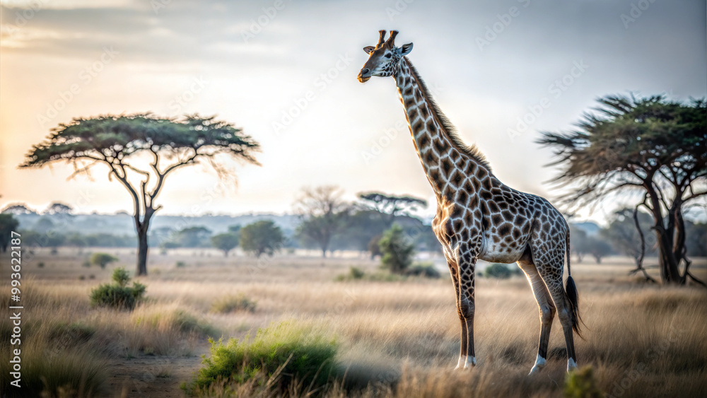 Obraz premium Giraffe standing tall in savanna at sunset with calm mood and copy space