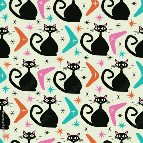 Mid Century Modern Black Atomic Cats seamless pattern with pink, orange and teal boomerangs and starbursts on white background. For wallpaper, textile and home décor.