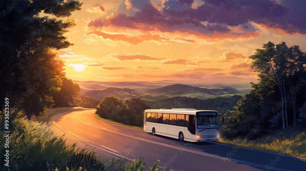 A white bus glides down a sunset road, surrounded by trees and vibrant rolling hills. A white bus glides down a sunset road, surrounded by trees and vibrant rolling hills.