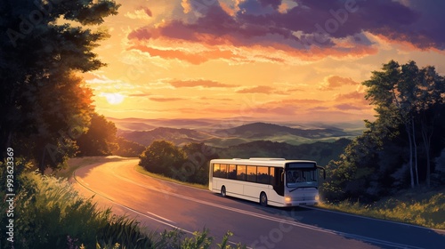 A white bus glides down a sunset road, surrounded by trees and vibrant rolling hills.