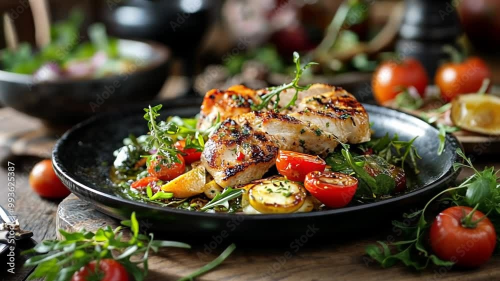 Grilled chicken with fresh herbs and tomatoes on a black plate. Grilled chicken with fresh herbs and tomatoes on a black plate.