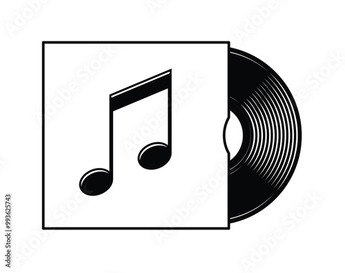simple classic black vinyl music lp record half in cover sleeve with musical notes symbol vector transparent background