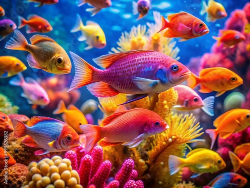 Vibrant and Colorful Decorative Fish Swimming in Crystal Clear Water with Bright Coral Background